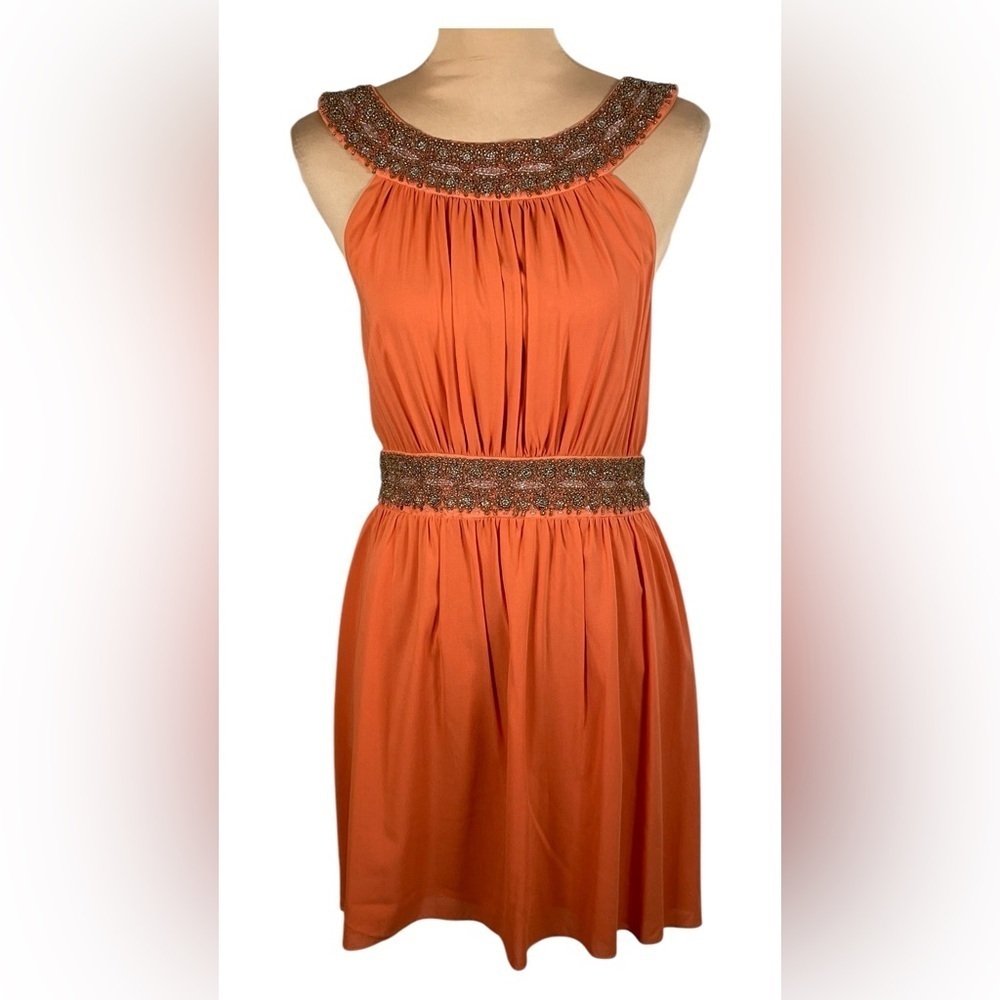 Alice + Olivia Mini Dress Orange Silk High Neck Beaded Embroidered A-Line Dress